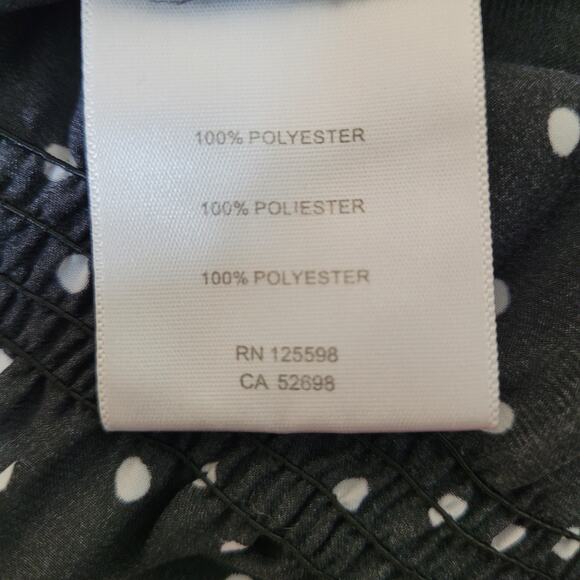 Ellen Tracy Women's Black Polka Dot Smocked Waist Blouse Top Scoop Neck Large - Picture 9 of 10